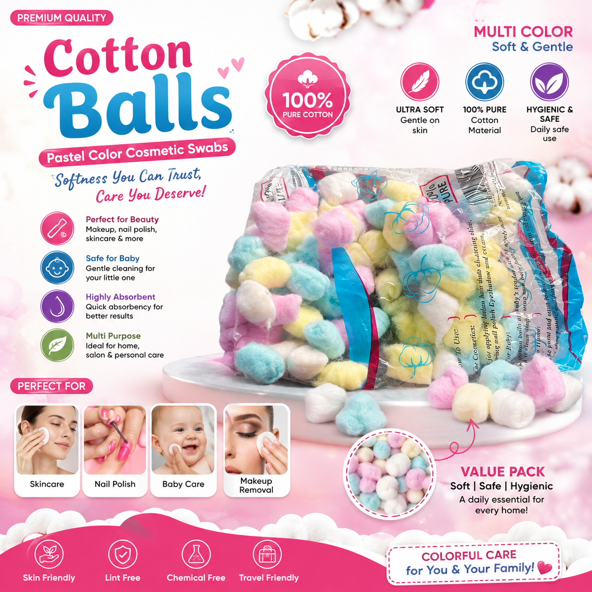 Premium Multicolored Cotton Balls - 100% Pure Soft Cotton Spheres for Makeup Removal, Skincare, Baby Care & Crafts