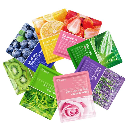 BIOAQUA Randum Pack of 5 Fruit Plant Extract Blueberry, Green tea, Freshen Orange, Strawberry, Kiwi fruit Moisturizing Brighten Facial Sheet Mask