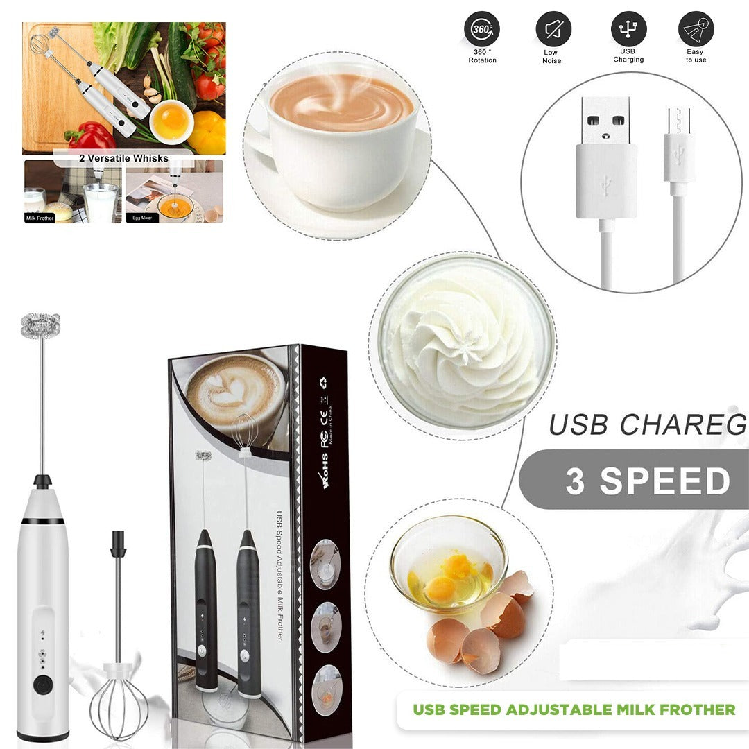 2 in 1 Rechargeable Electric Coffee Beater & Egg Whisk | 3-Speed USB Handheld Milk Frother Mixer for Cappuccino, Latte & Baking