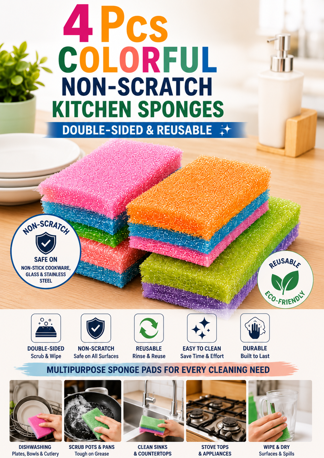 1 Premium Non-Scratch Kitchen Cleaning Sponges | Double-Sided Reusable Dish Scrubber Pads for Pots, Pans & Non-Stick Cookware
