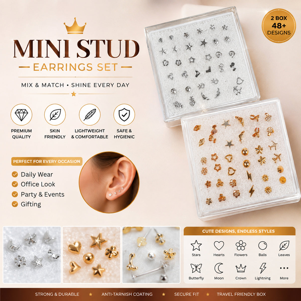 Mini Stud Earrings Set for Women & Girls | Gold & Silver Cute Earrings | Multiple Designs Fashion Jewelry