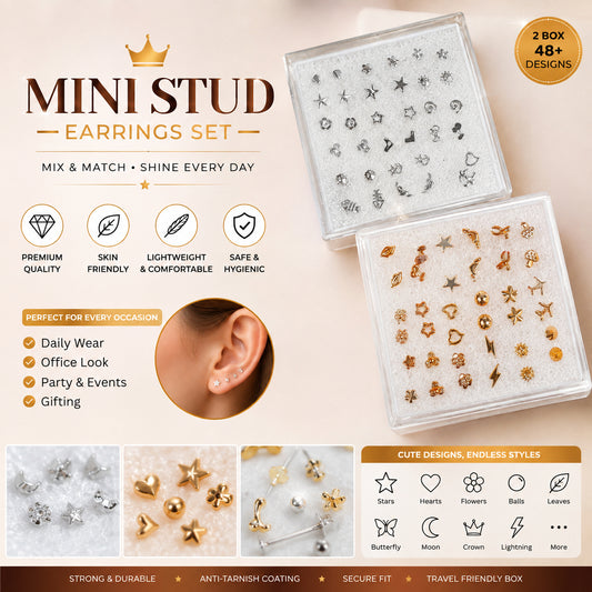 Mini Stud Earrings Set for Women & Girls | Gold & Silver Cute Earrings | Multiple Designs Fashion Jewelry