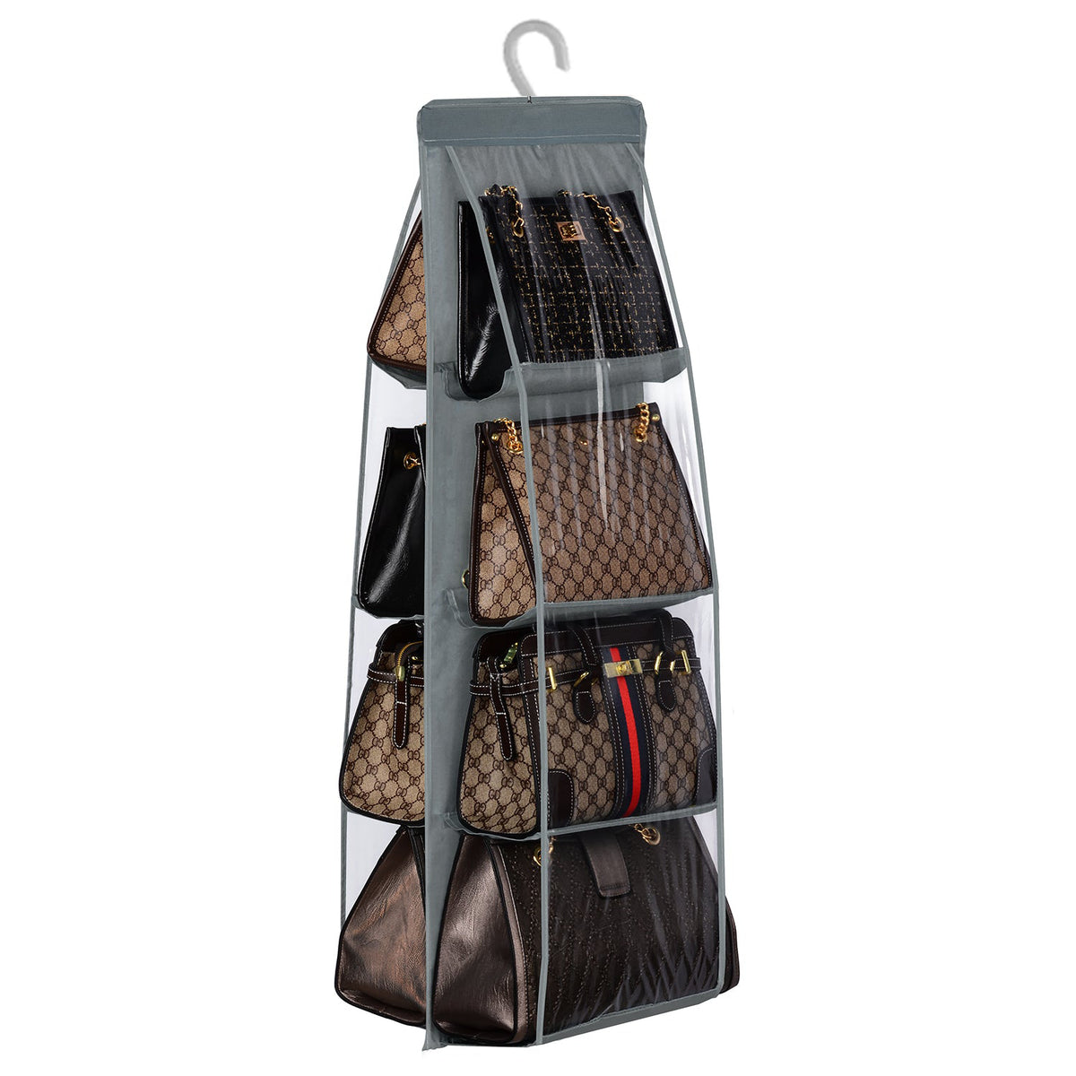 6 & 8 Pockets Hanging Purse Handbag Organizer 1 Pcs Clear Hanging Shelf Bag Collection Storage Holder Purse Bag Wardrobe Closet Space Saving Organizer