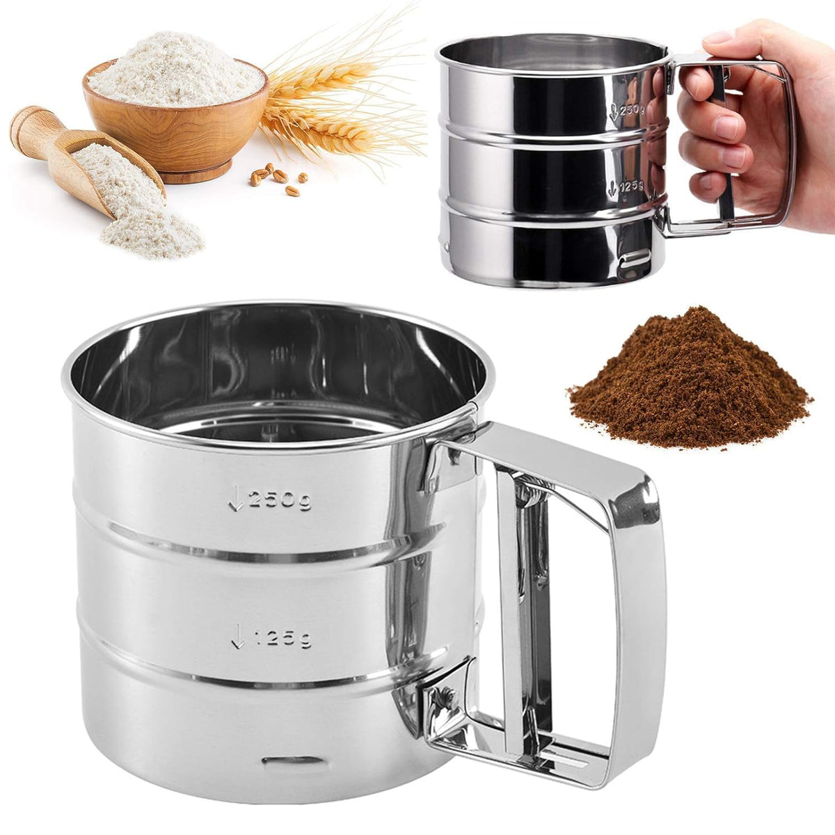 Stainless Steel Flour Sifter Cup | Large Capacity Atta Chalni Hand Press Sieve for Baking | Corrosion Resistant Flour Sieve for Sugar, Coffee, Cake, and Powdered Ingredients
