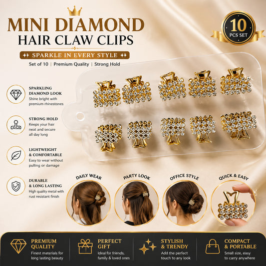Mini Diamond Hair Claw Clips for Women – Set of 10 Gold Rhinestone Hair Clips, Sparkling Crystal Hair Accessories for Girls