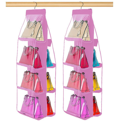 6 & 8 Pockets Hanging Purse Handbag Organizer 1 Pcs Clear Hanging Shelf Bag Collection Storage Holder Purse Bag Wardrobe Closet Space Saving Organizer