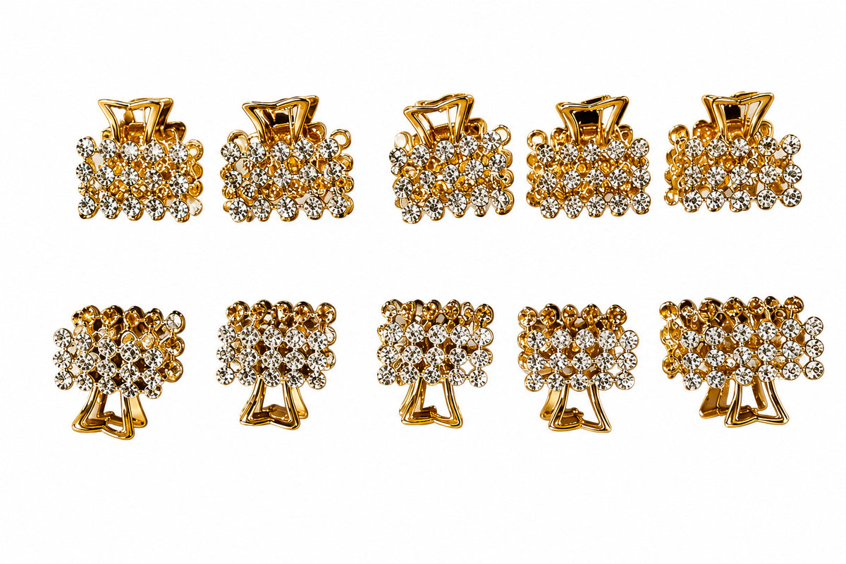 Mini Diamond Hair Claw Clips for Women – Set of 10 Gold Rhinestone Hair Clips, Sparkling Crystal Hair Accessories for Girls