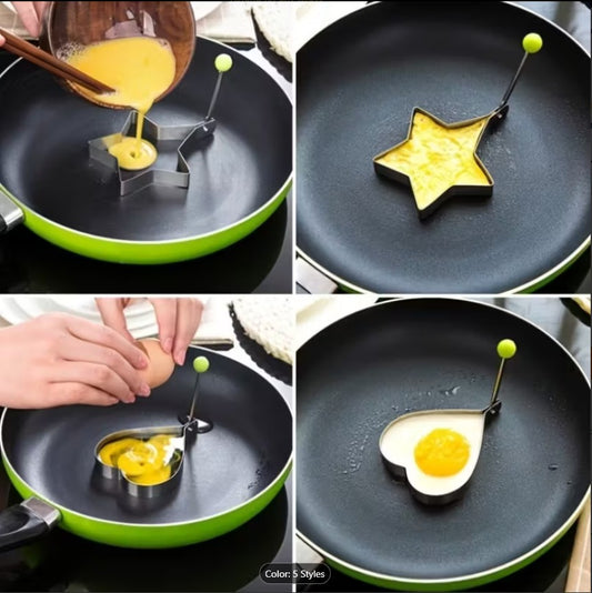 4PCS Stainless Steel Fried Egg Mold Set – Heart, Round, Star & Flower Shaped Egg and Pancake Rings