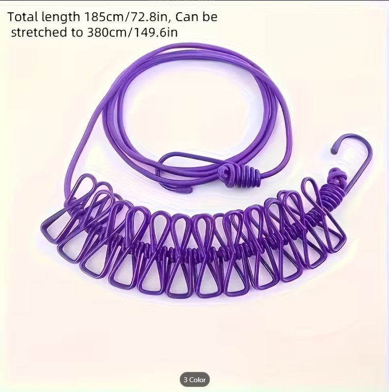 180cm Retractable Clothesline with 12 Clips & Hooks – Portable Elastic Laundry Drying Rope, Windproof Travel Clothesline for Indoor & Outdoor Use