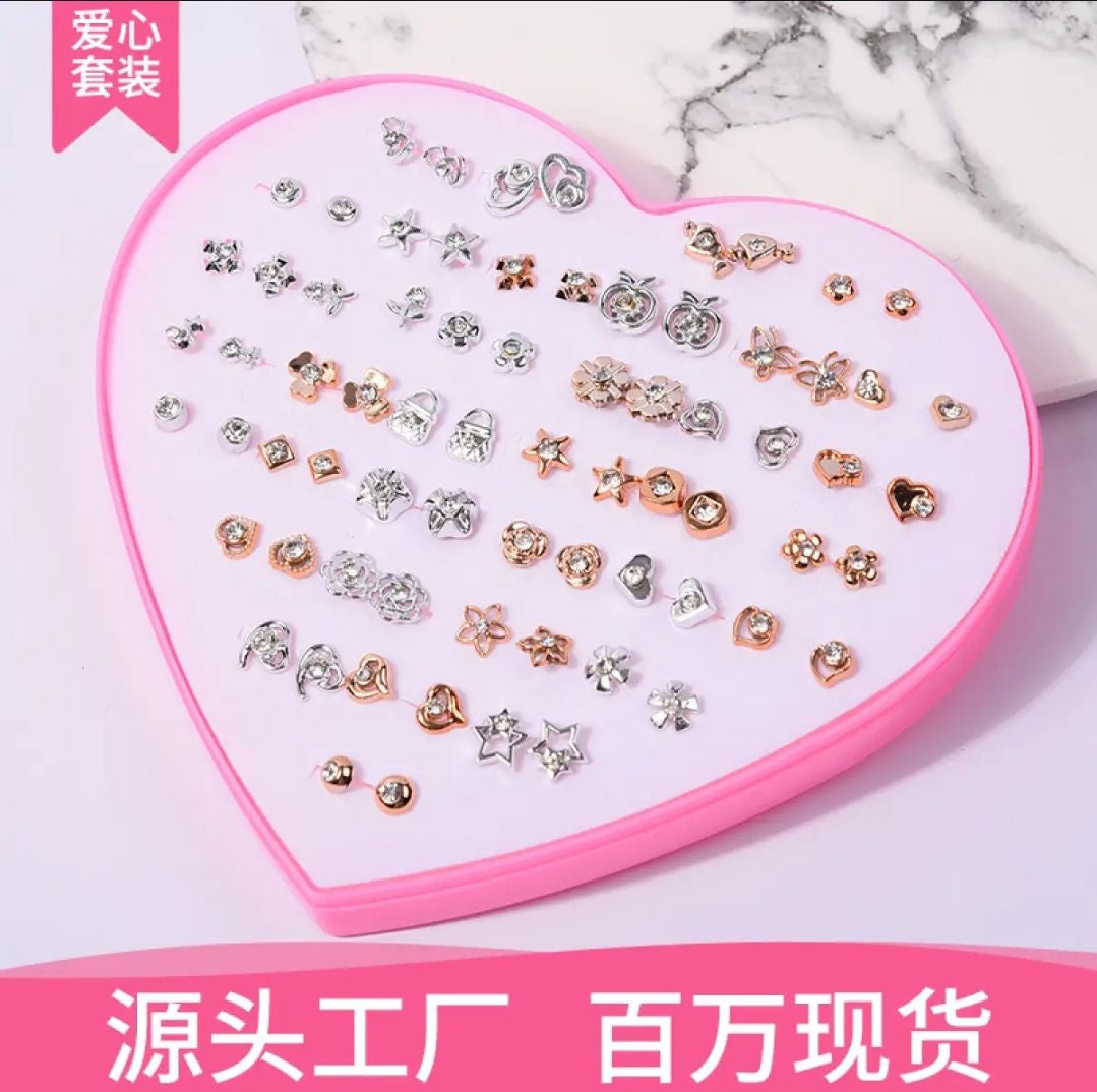 premium 36/Pairs of Studs, Random Earrings, Cartoon heart shape packing Hypoallergenic Plastic and metal Stud for Girls/women