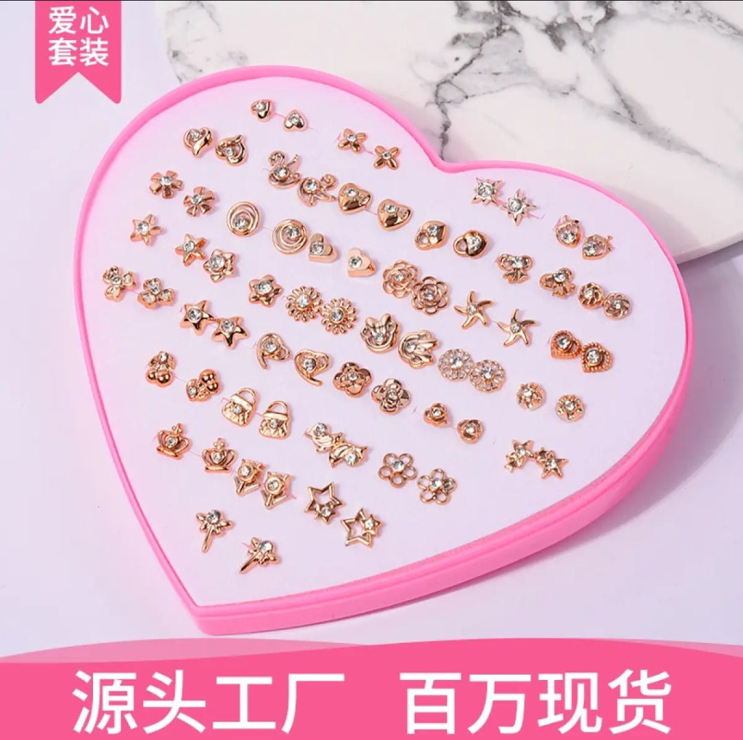 premium 36/Pairs of Studs, Random Earrings, Cartoon heart shape packing Hypoallergenic Plastic and metal Stud for Girls/women