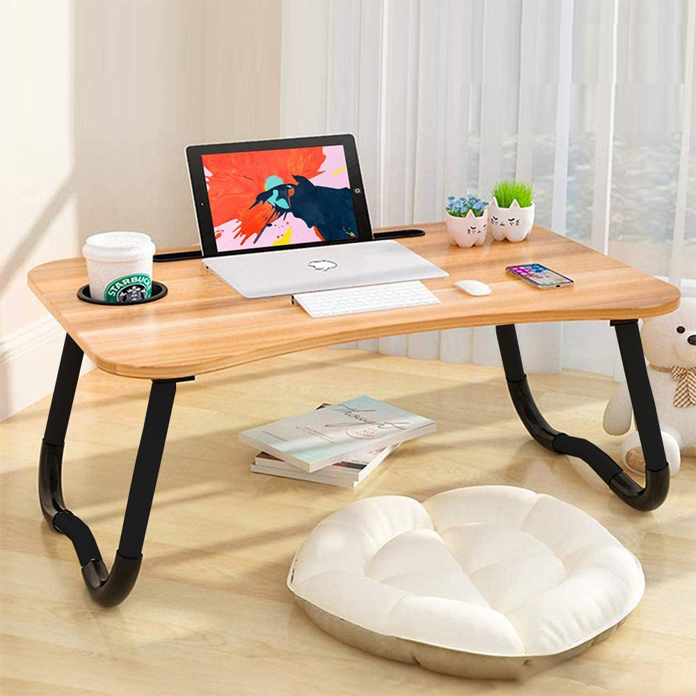 Foldable Wooden Gaming Laptop Table for Bed – Ergonomic Portable Stand with Tablet & Cup Holder Slots