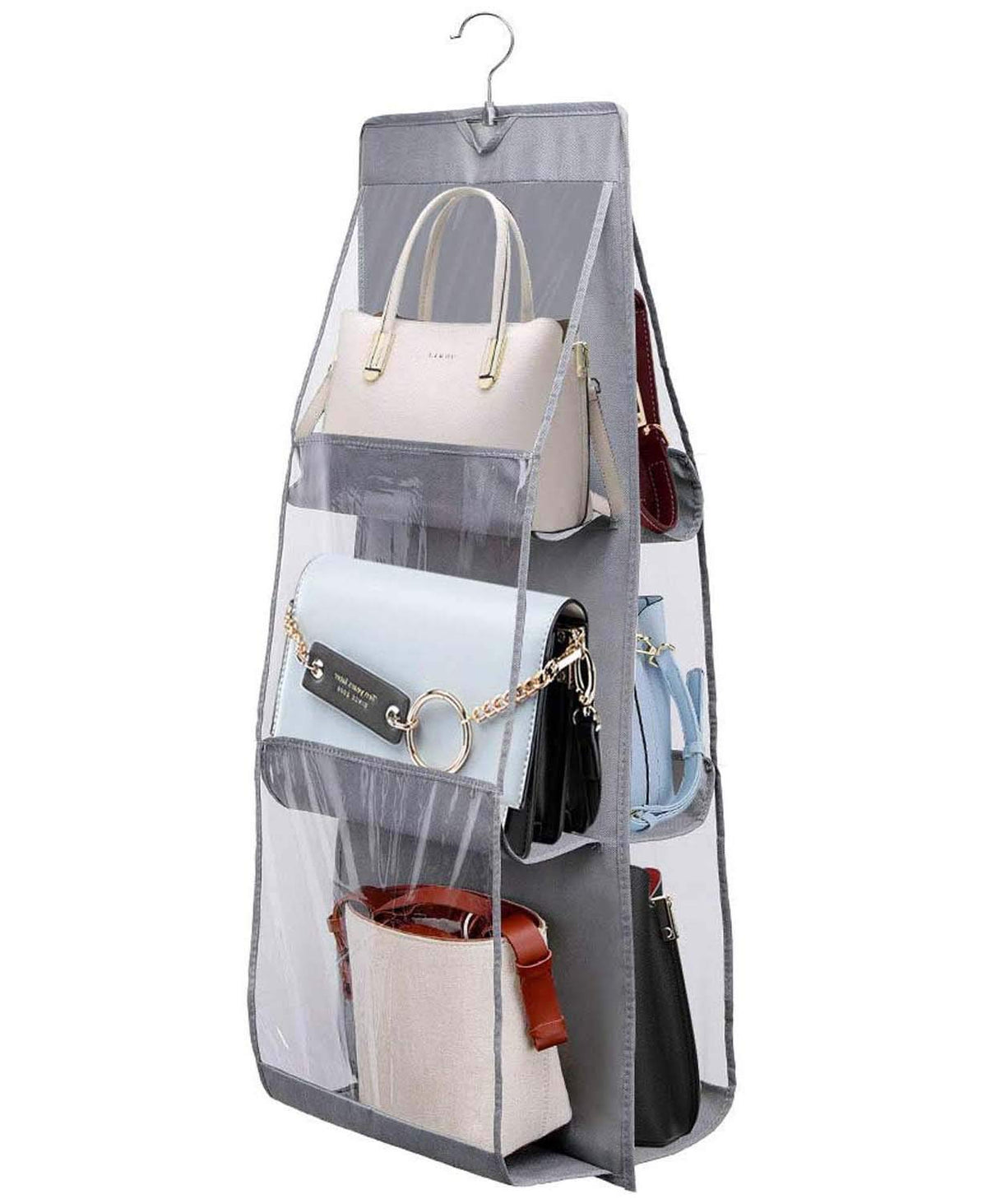 6 & 8 Pockets Hanging Purse Handbag Organizer 1 Pcs Clear Hanging Shelf Bag Collection Storage Holder Purse Bag Wardrobe Closet Space Saving Organizer