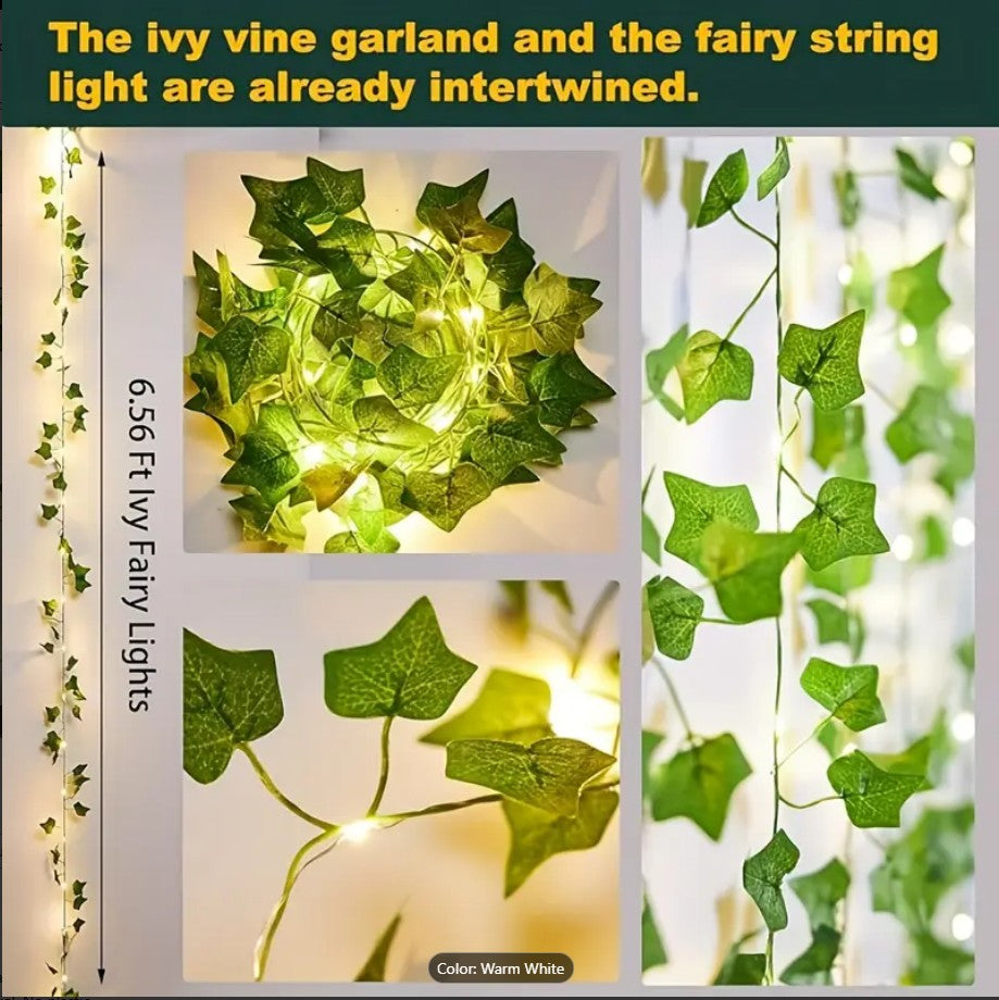 Artificial  Fairy Lights – Pothos Leaf LED String Lights | Battery Operated Greenery Decor for Bedroom, Wall, Wedding & Party Decoration