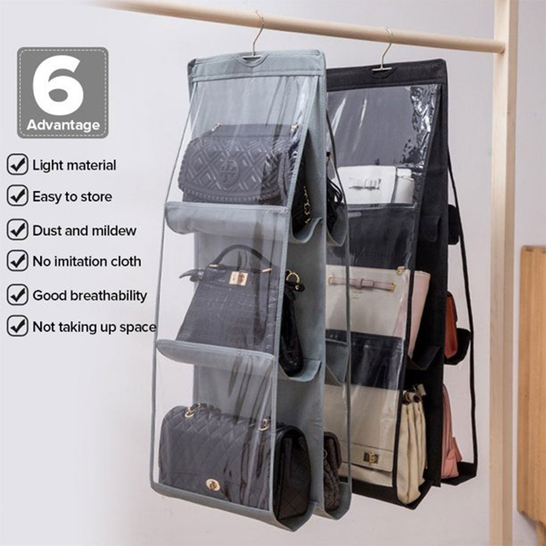 6 & 8 Pockets Hanging Purse Handbag Organizer 1 Pcs Clear Hanging Shelf Bag Collection Storage Holder Purse Bag Wardrobe Closet Space Saving Organizer