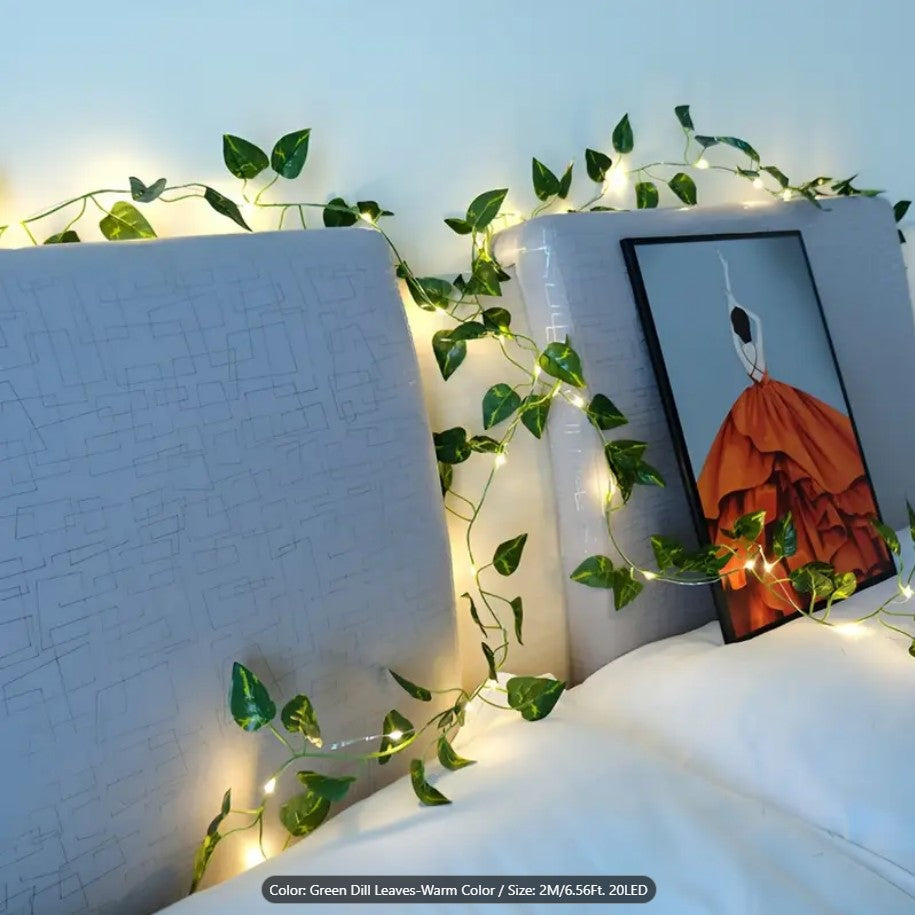 Artificial  Fairy Lights – Pothos Leaf LED String Lights | Battery Operated Greenery Decor for Bedroom, Wall, Wedding & Party Decoration