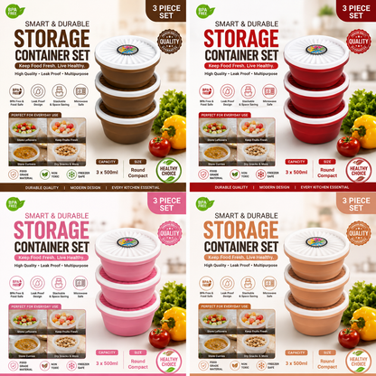 Premium 3-Piece Round Food Storage Container Set - BPA Free, Leak Proof, Stackable Kitchen Organizers - 500ml Each