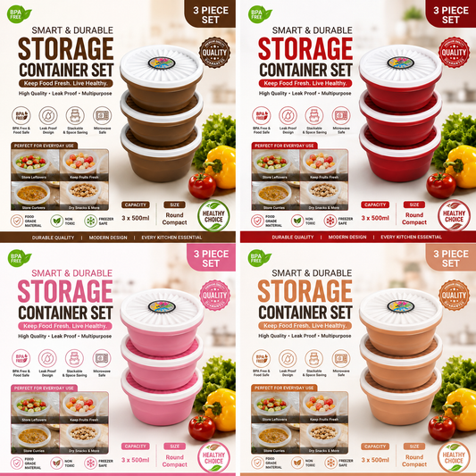 Premium 3-Piece Round Food Storage Container Set - BPA Free, Leak Proof, Stackable Kitchen Organizers - 500ml Each