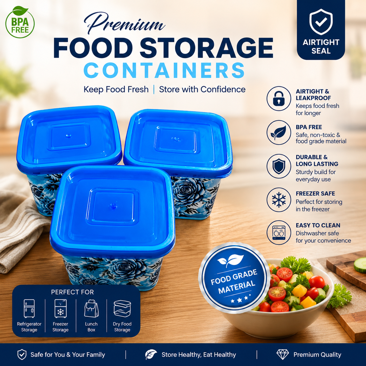 Premium Blue Floral Food Storage Containers Set - Airtight & Leakproof, BPA Free Square Kitchen Organizers with Blue Lids