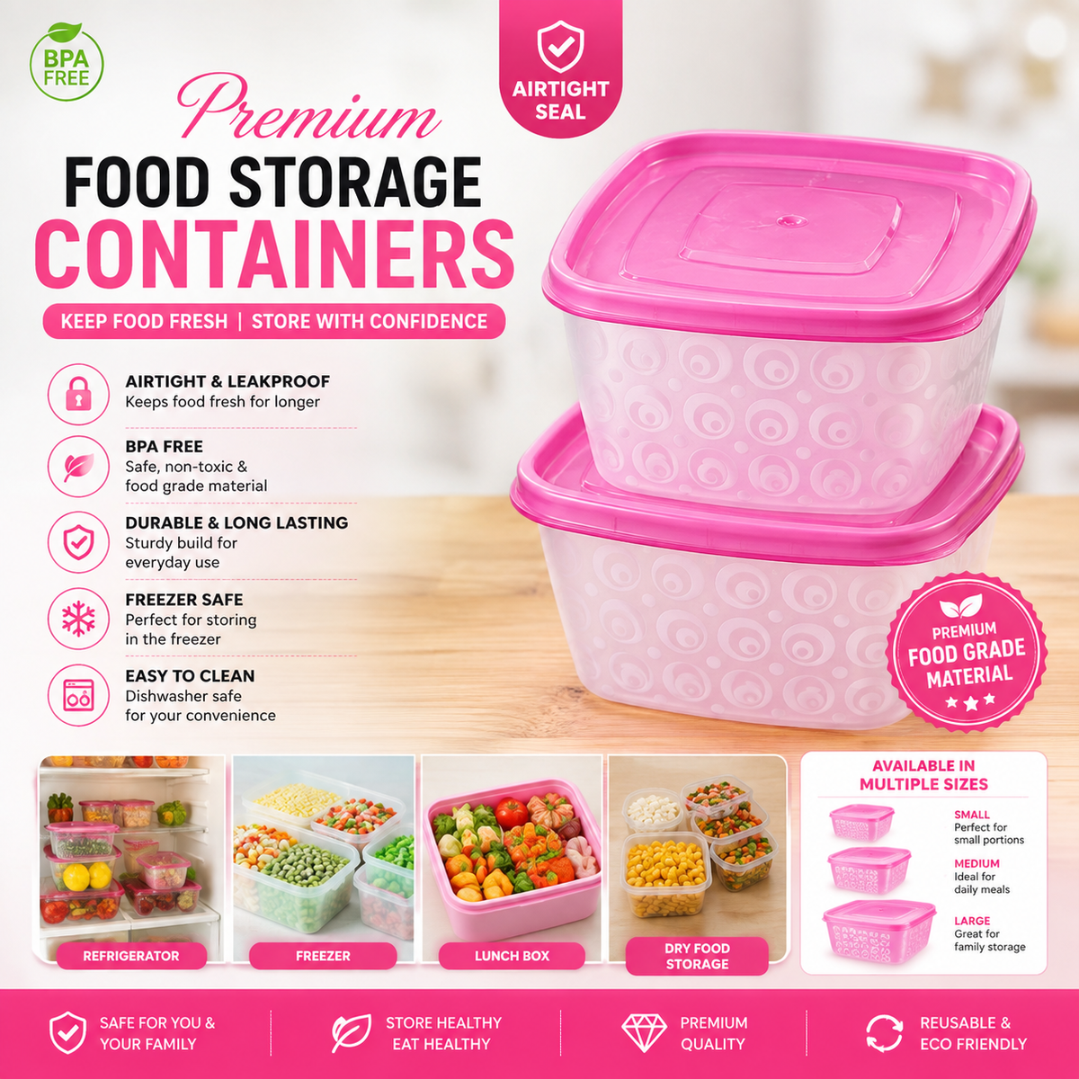 Premium Pink Patterned Square Food Storage Container Set - Airtight Leakproof BPA Free Kitchen Organizers with Pink Lids