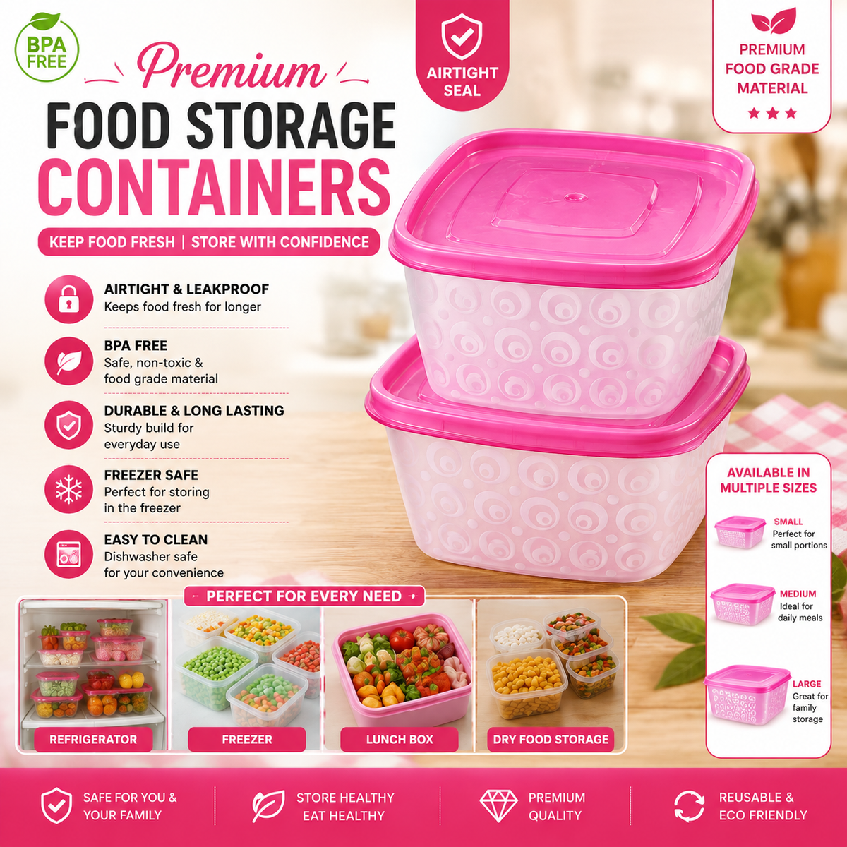 Premium Pink Patterned Square Food Storage Container Set - Airtight Leakproof BPA Free Kitchen Organizers with Pink Lids