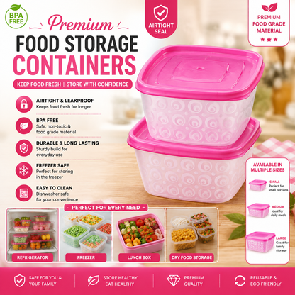 Premium Pink Patterned Square Food Storage Container Set - Airtight Leakproof BPA Free Kitchen Organizers with Pink Lids