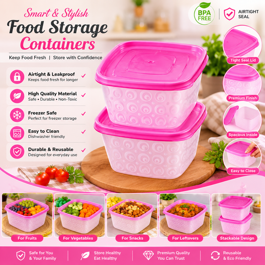 Premium Pink Patterned Square Food Storage Container Set - Airtight Leakproof BPA Free Kitchen Organizers with Pink Lids