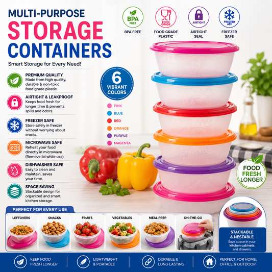 Stackable Multicolored Round Food Storage Container Set - Airtight Leakproof BPA Free Kitchen Organizers with Assorted Lids