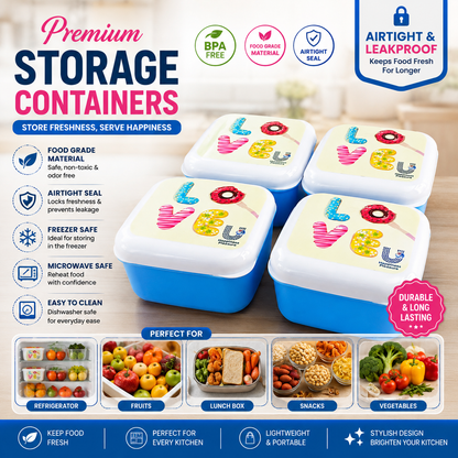 Premium "LOVE" Printed Square Food Storage Container Set - Airtight Leakproof BPA Free Kitchen Organizers with White Lids