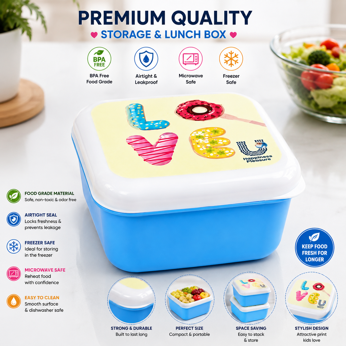 Premium "LOVE" Printed Square Food Storage Container Set - Airtight Leakproof BPA Free Kitchen Organizers with White Lids