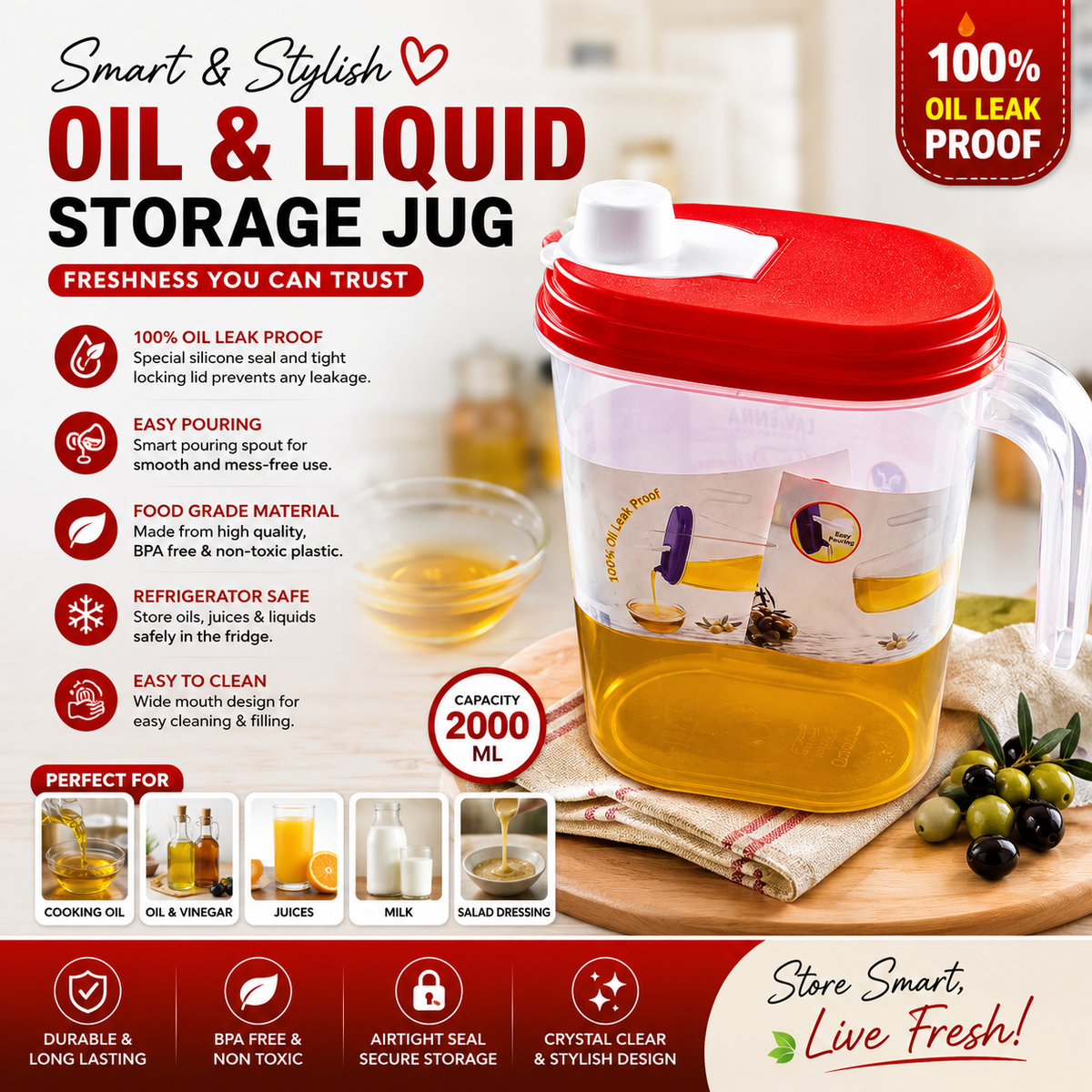 Premium Plastic Oil Dispenser Jug with Red Lid - 100% Leakproof Liquid & Cooking Oil Container with Easy Pour Spout & Handle