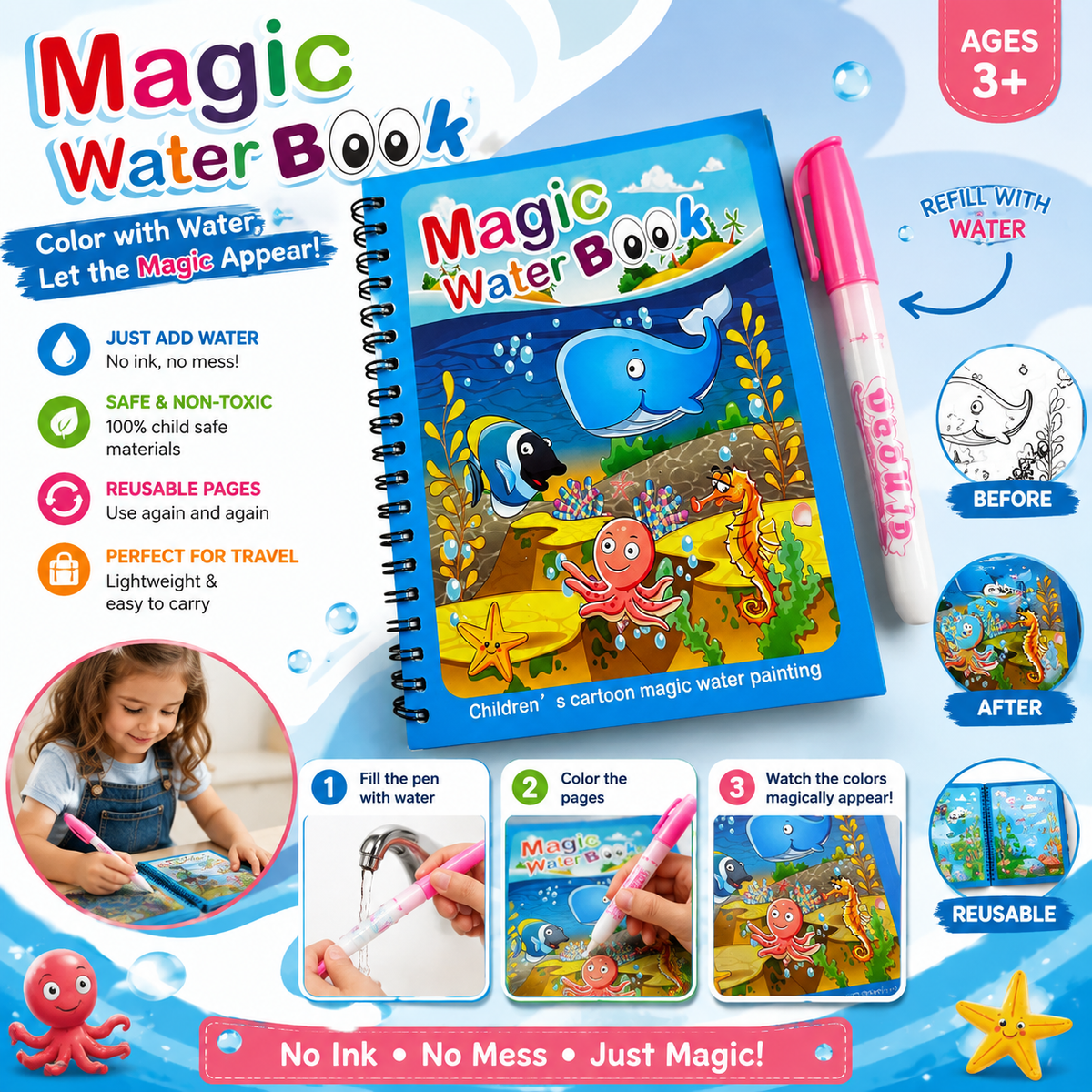 Magic Water Drawing Book for Kids - Reusable Water Painting Coloring Book with Refillable Magic Pen, No Ink No Mess Educational Toy