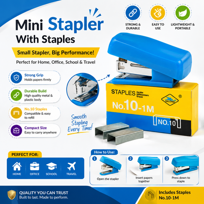 Mini Stapler Set with No. 10-1M Staples - Portable Small Pocket Stapler with Refill Staples for School, Office & Home Use