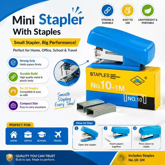 Mini Stapler Set with No. 10-1M Staples - Portable Small Pocket Stapler with Refill Staples for School, Office & Home Use