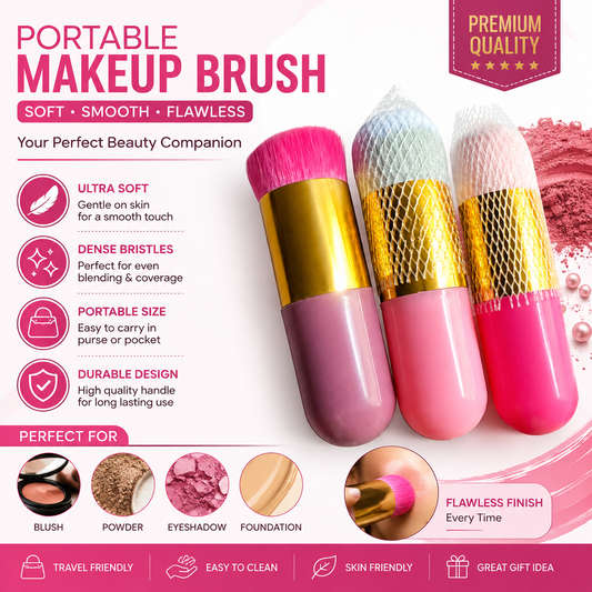 Portable Capsule Makeup Brush Set - Cute Mini Travel Foundation, Blush & Powder Brush with Protective Cover