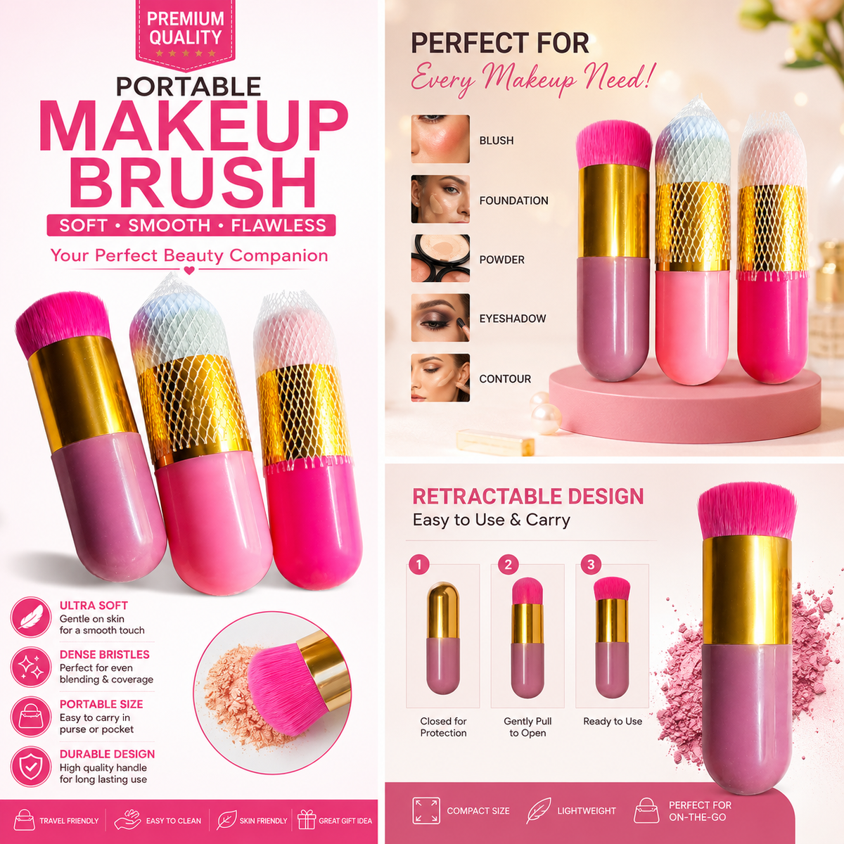 Portable Capsule Makeup Brush Set - Cute Mini Travel Foundation, Blush & Powder Brush with Protective Cover