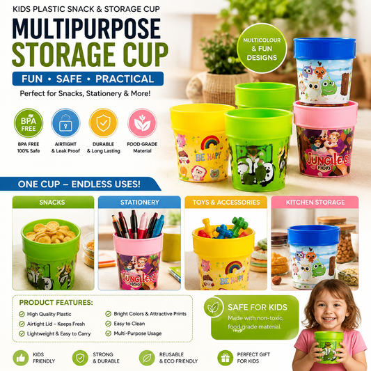 Kids Cartoon Character Drinking Cups Set - Colorful Plastic Tumbler Cups with Lid / Storage Cap for Water, Milk & Juices