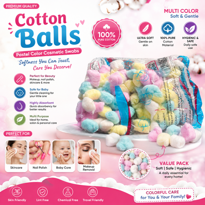 Premium Multicolored Cotton Balls - 100% Pure Soft Cotton Spheres for Makeup Removal, Skincare, Baby Care & Crafts