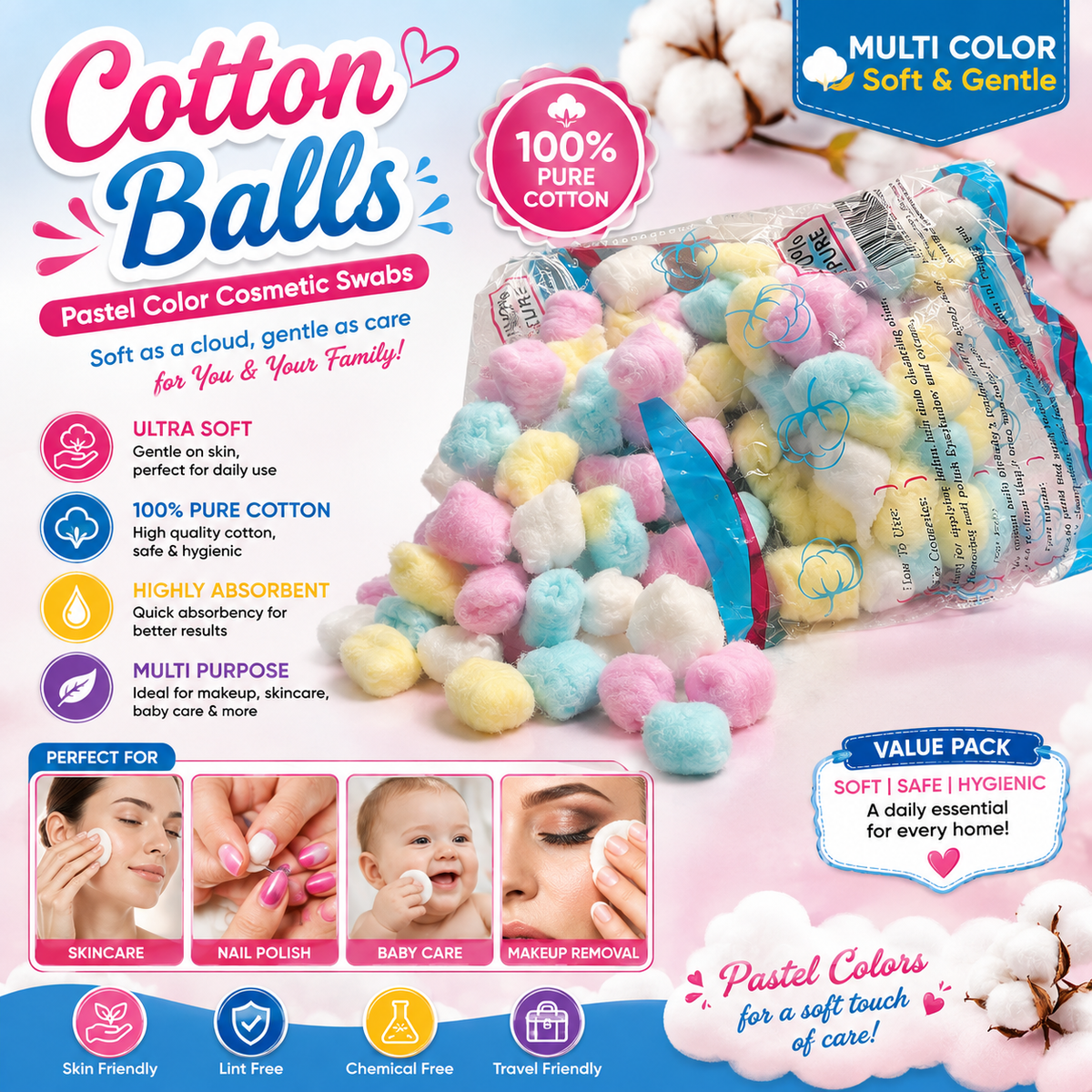 Premium Multicolored Cotton Balls - 100% Pure Soft Cotton Spheres for Makeup Removal, Skincare, Baby Care & Crafts