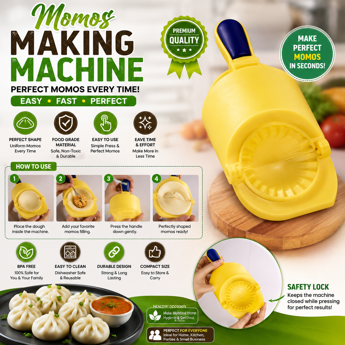 Manual Momos & Dumpling Maker Machine - Press Wrapper & Mould Kitchen Tool for Quick Home-Made Dumplings, Empanadas & Wontons