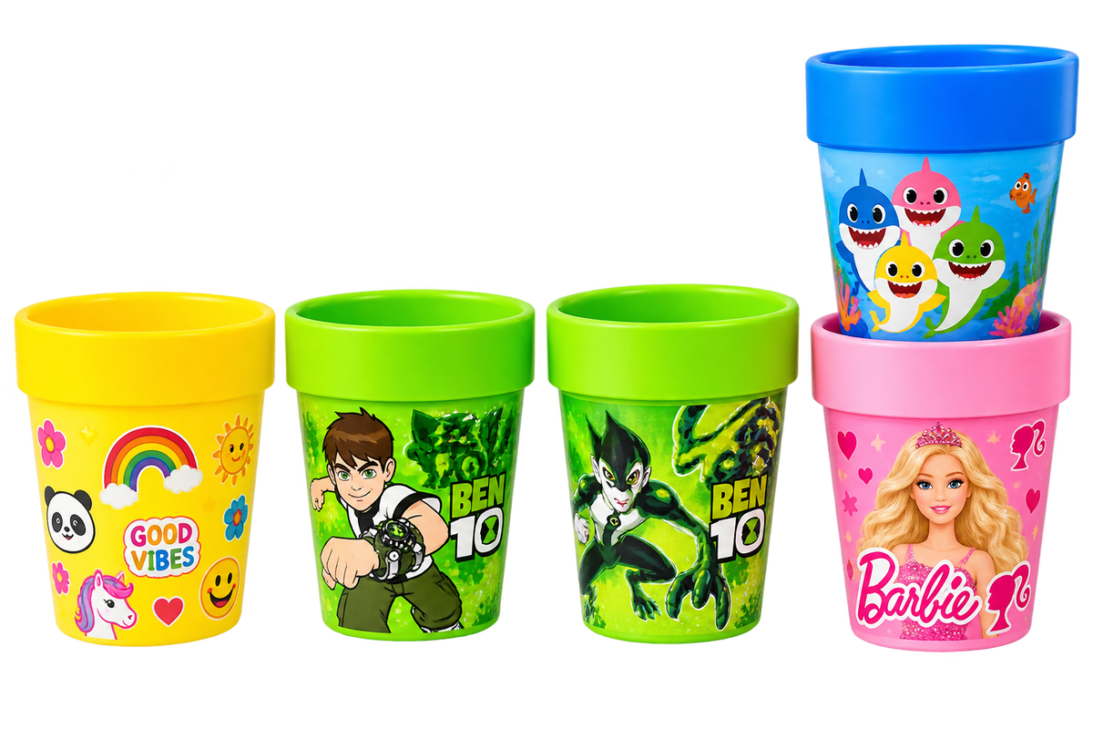 Kids Cartoon Character Drinking Cups Set - Colorful Plastic Tumbler Cups with Lid / Storage Cap for Water, Milk & Juices