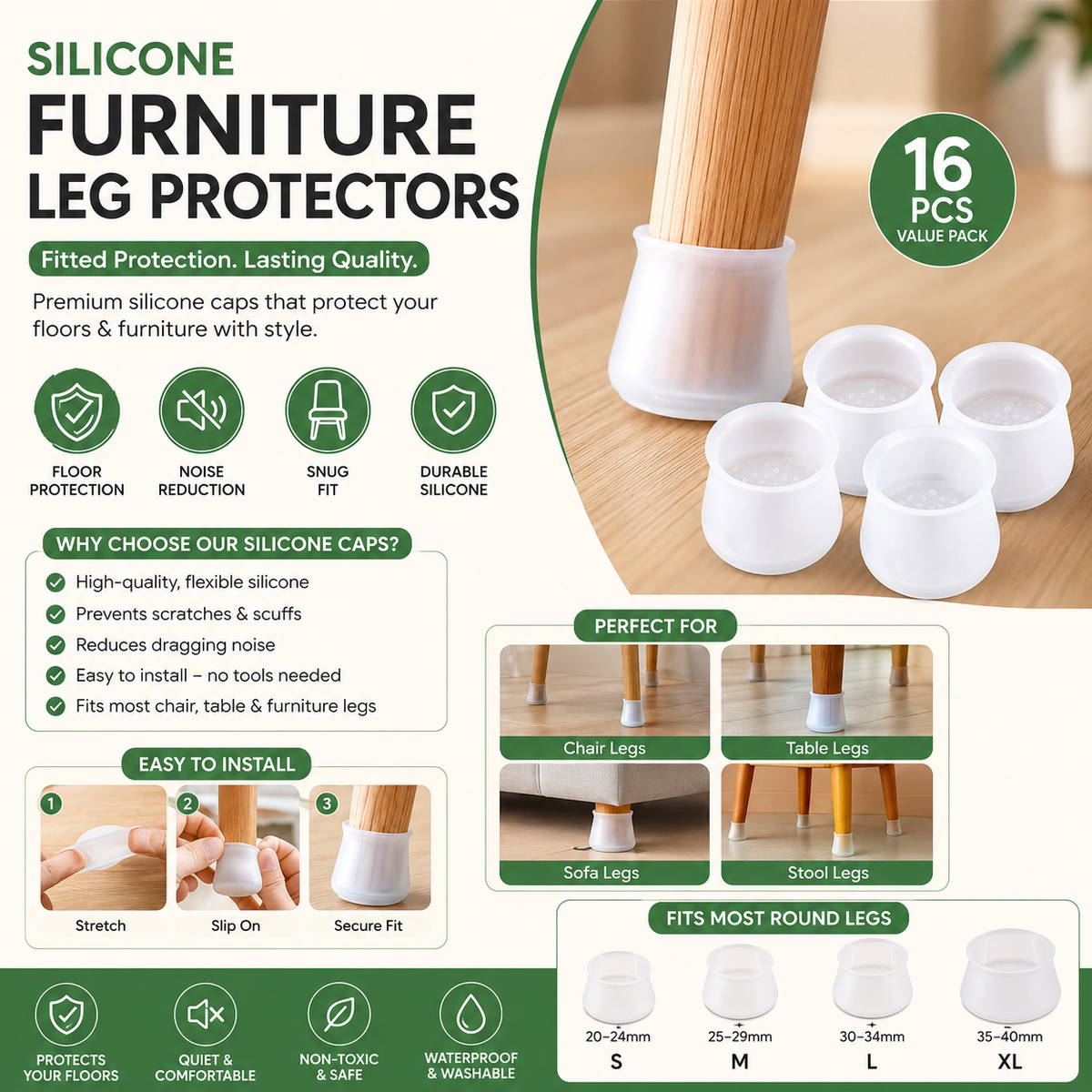 Silicone Furniture Chair Legs Protectors Covers Silicon Chair Leg Caps Round & Square Table Feet Cover Anti-Slip Floor Protection Cover Prevents Scratches And Noise, Give Good Protection To Floor Protector Chair Legs Rubber