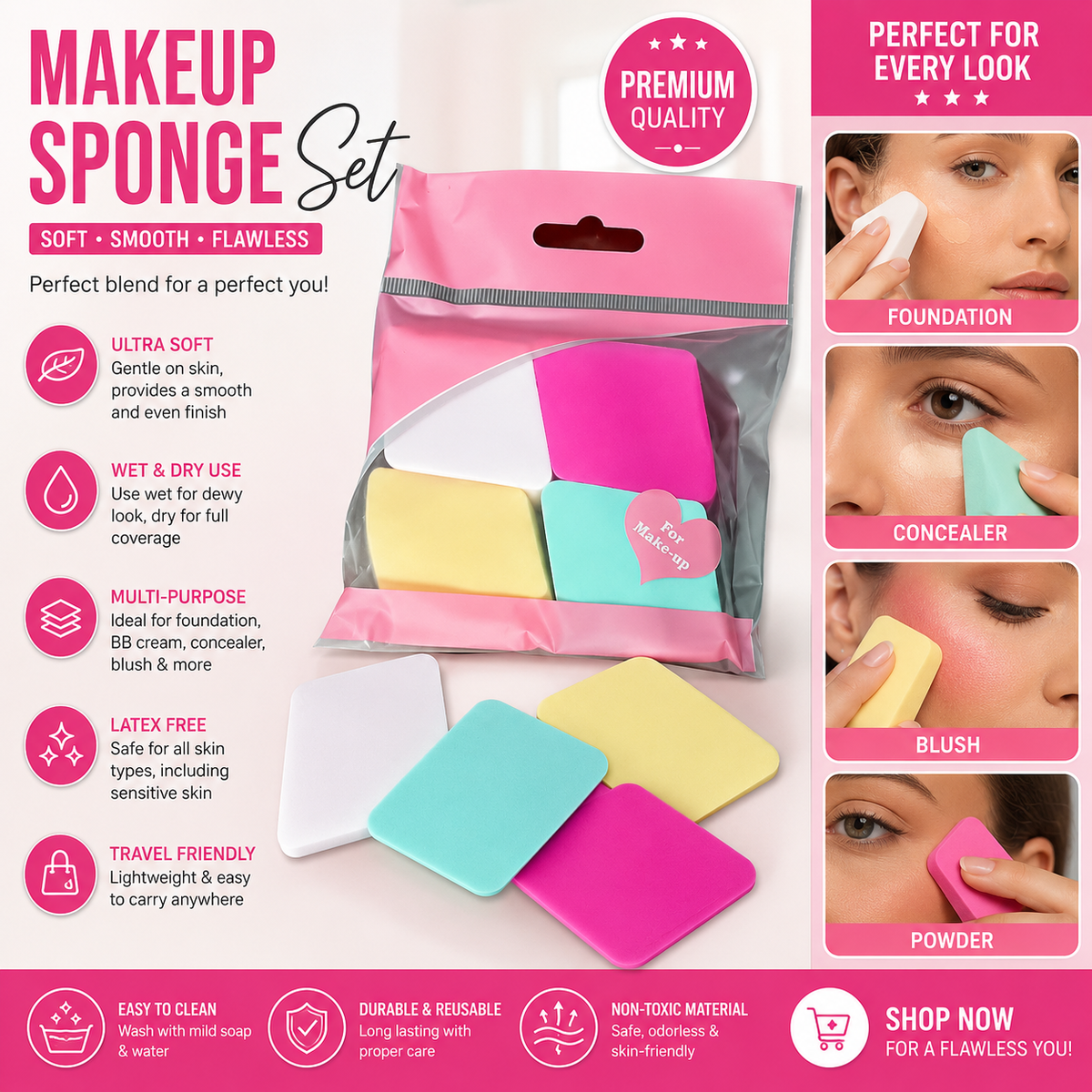 Professional Makeup Sponge Set - Soft Latex-Free Cosmetic Blender Sponges for Foundation, Concealer, Blush & Powder