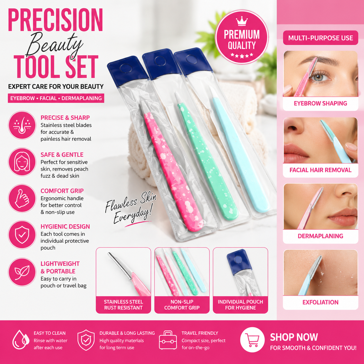Professional Eyebrow Razor & Face Hair Remover Set - Portable Facial Shaving Razors with Safety Cap (Multi-Color)
