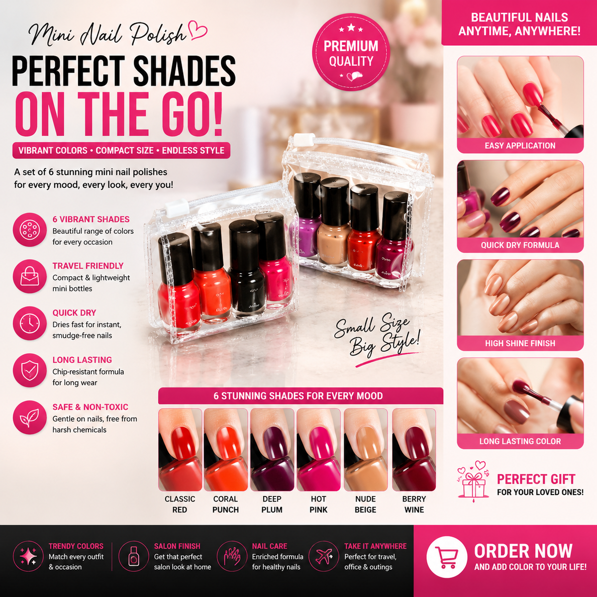 6 Pcs Mini Nail Polish Kit Set - Vibrant Shades Quick Dry Long Lasting Nail Enamel in Travel Pouch for Women & Gifting