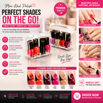 6 Pcs Mini Nail Polish Kit Set - Vibrant Shades Quick Dry Long Lasting Nail Enamel in Travel Pouch for Women & Gifting
