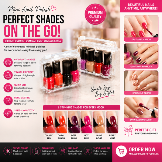 6 Pcs Mini Nail Polish Kit Set - Vibrant Shades Quick Dry Long Lasting Nail Enamel in Travel Pouch for Women & Gifting