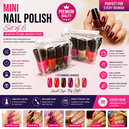 6 Pcs Mini Nail Polish Kit Set - Vibrant Shades Quick Dry Long Lasting Nail Enamel in Travel Pouch for Women & Gifting