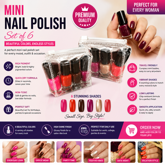 6 Pcs Mini Nail Polish Kit Set - Vibrant Shades Quick Dry Long Lasting Nail Enamel in Travel Pouch for Women & Gifting
