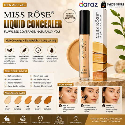 Miss Rose Liquid Concealer - High Coverage, Waterproof & Long Lasting Natural Matte Face Makeup (5ml)